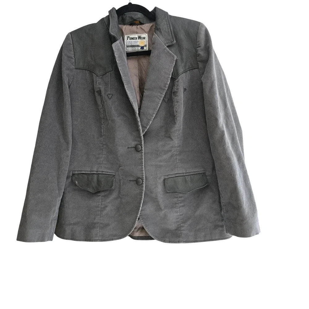 Vintage Pioneer Wear Mens Grey Corduroy Western Blazer Leather Yoke Made in USA